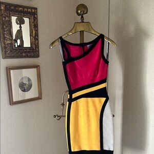 Pink and Yellow Asymmetrical Bodycon Cocktail Dress